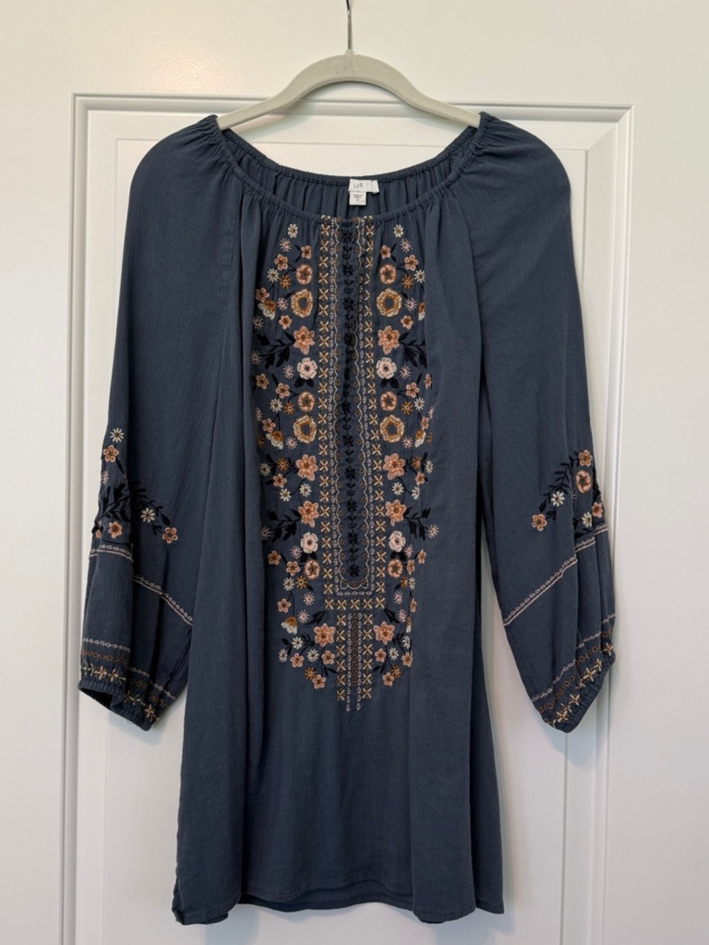 J. Jill Blue Embroidered Pink Flowers Boho Peasant Tunic Top Medium